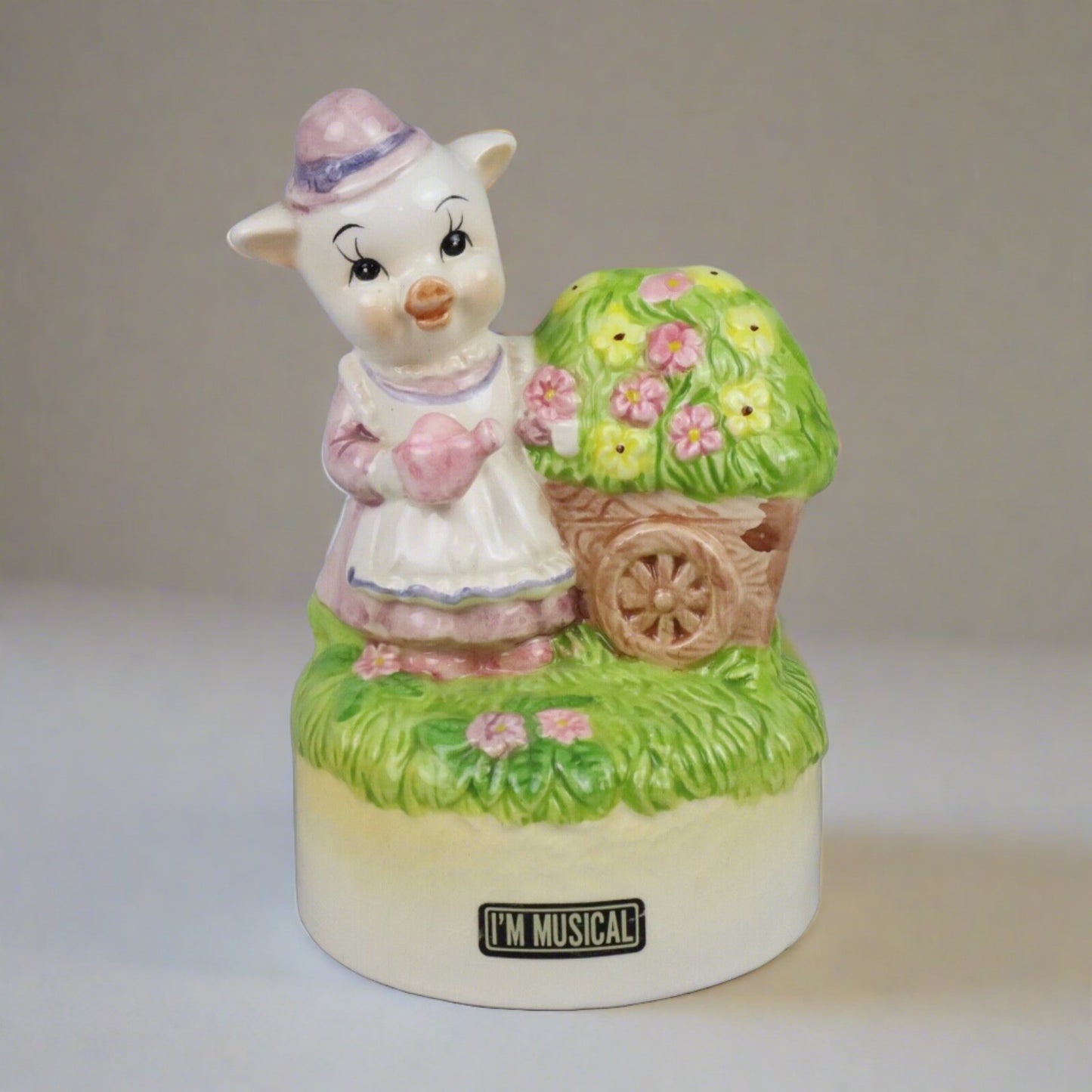 6 1/4" Schmid Music Box Pig Gardening Figurine Playing Farmer In the Dell