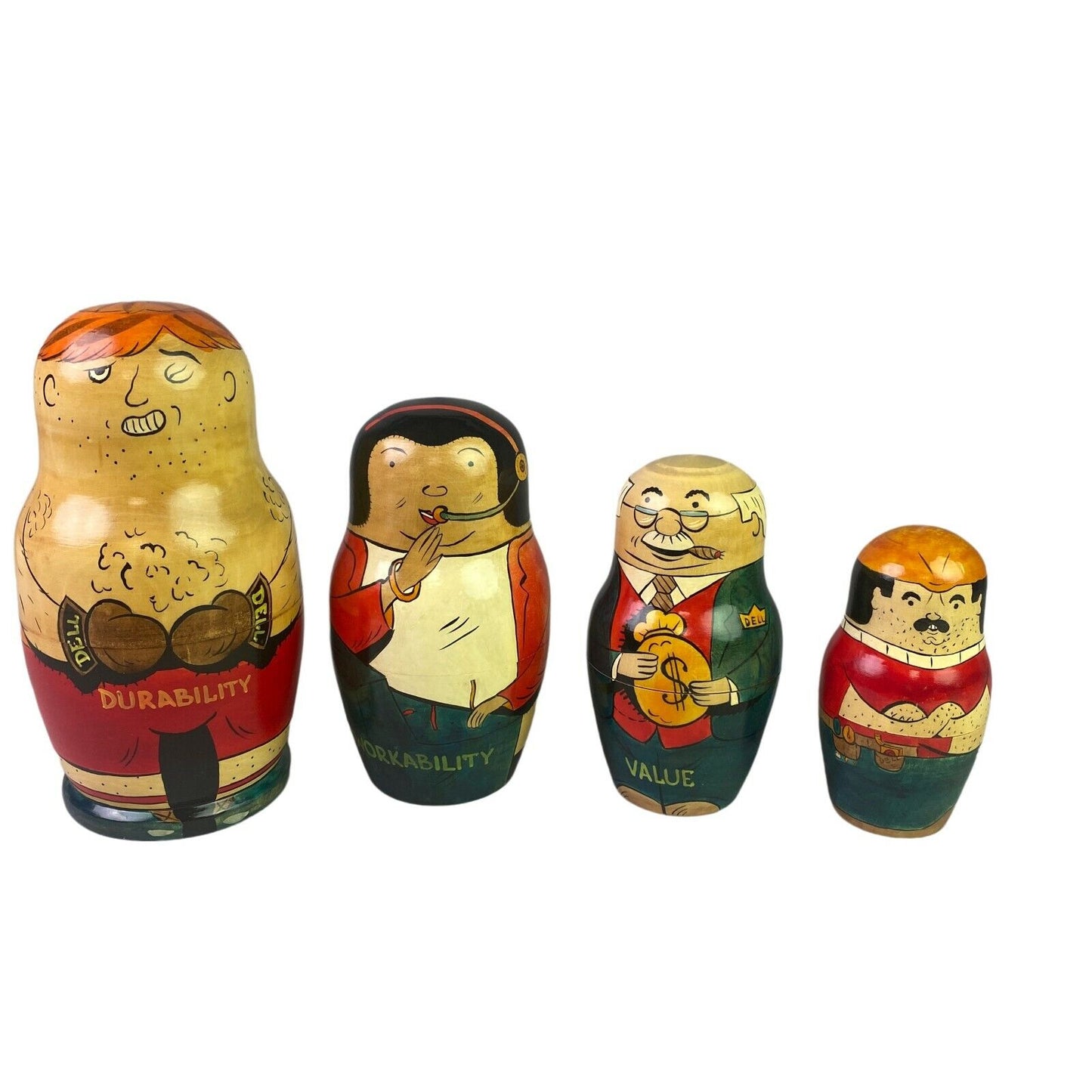 Vintage Dell Advertising Wooden Stacking / Nesting Dolls, "Stability","Value"...