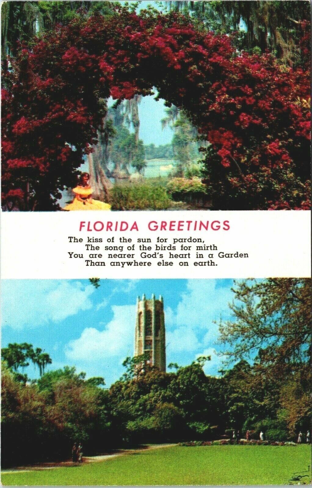 Vintage Postcard Florida Greetings Bougainvillea, FL Cypress Gardens Singing,IN