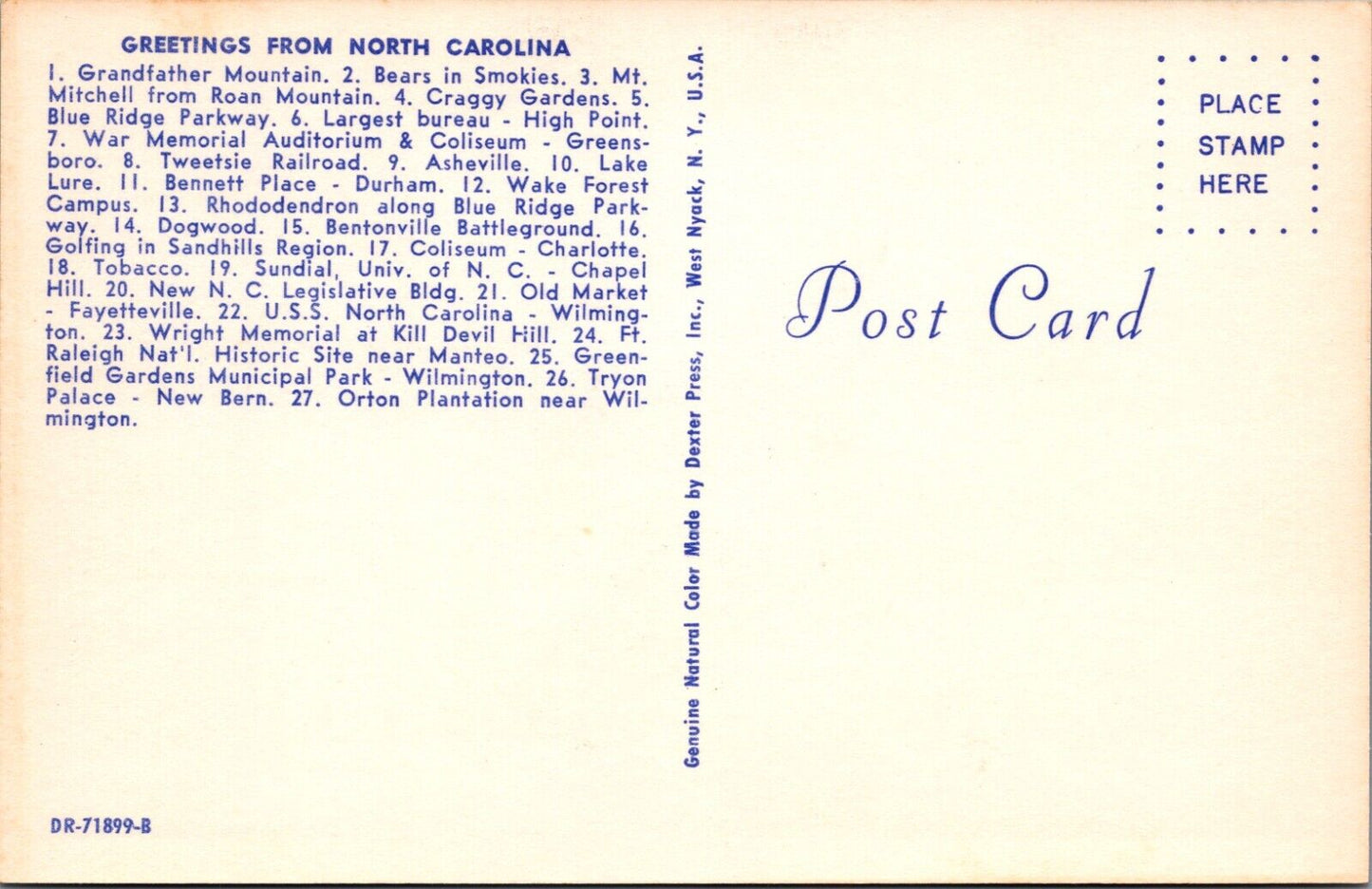 Vintage North Carolina, The Tarheel State Greetings Postcard