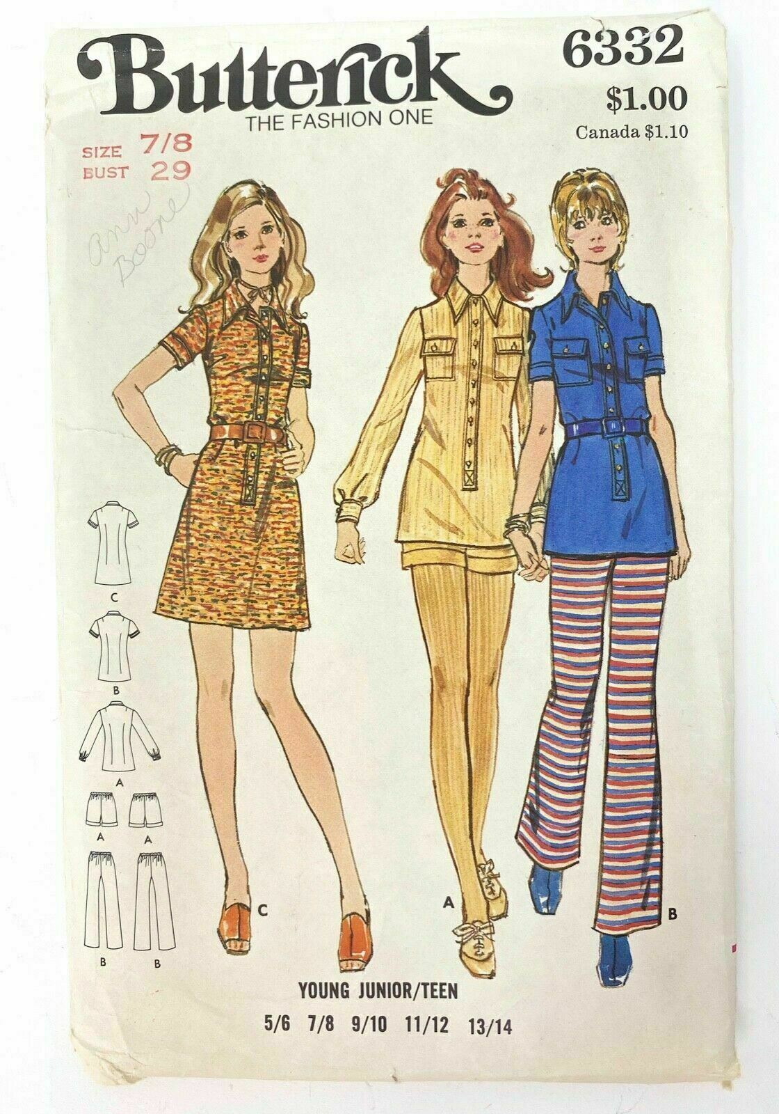 Butterwick 6332 Sewing Pattern Young Jr Teen Sz 7/8 Bust 29 Dress, Top, Pant, Sh