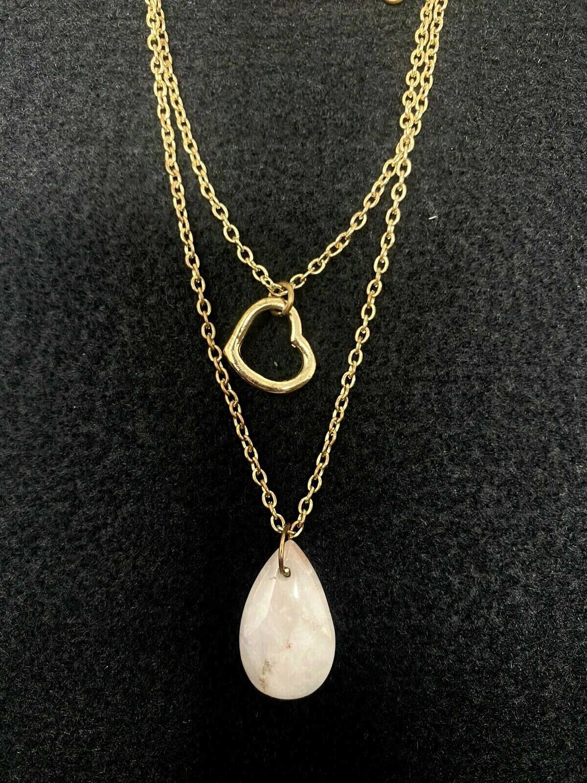 Gold-Tone Layered Necklace with Light Pink Stone, Heart Pendant, Says Happiness