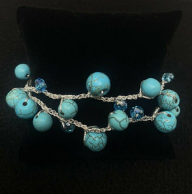 Layered Silver Tone Blue Beaded Bracelet