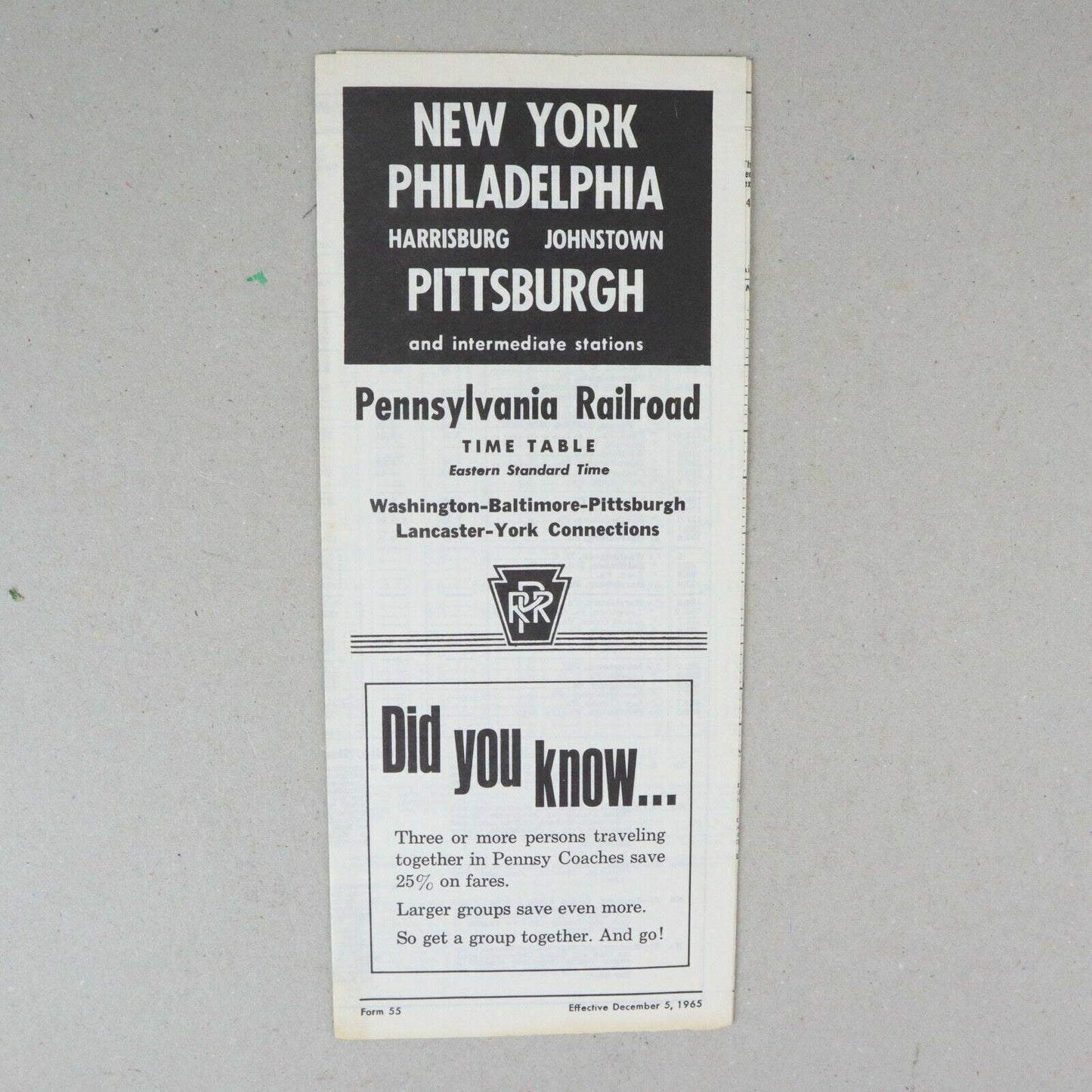 New York Philadelphia Pennsylvania Railroad Time Table December 5, 1965