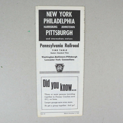 New York Philadelphia Pennsylvania Railroad Time Table December 5, 1965