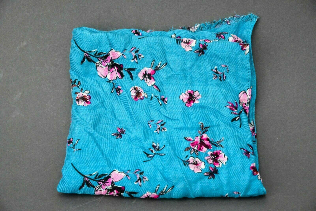 Candor New York City Blue Scarf w/ Pink flowers and Frayed Ends 36" x 18"