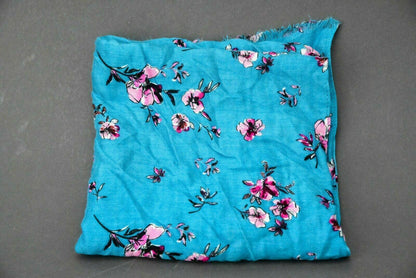 Candor New York City Blue Scarf w/ Pink flowers and Frayed Ends 36" x 18"