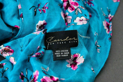 Candor New York City Blue Scarf w/ Pink flowers and Frayed Ends 36" x 18"