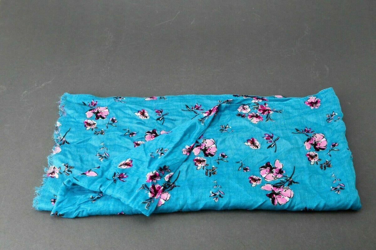 Candor New York City Blue Scarf w/ Pink flowers and Frayed Ends 36" x 18"