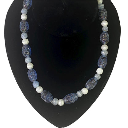 Beaded Necklace 24" (Blue and White)