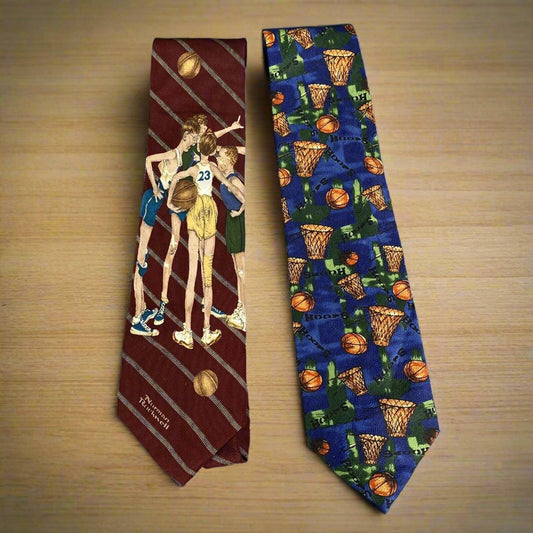 Lot of 2 Vintage Novelty Basketball Ties, Hoops, Norman Rockwell