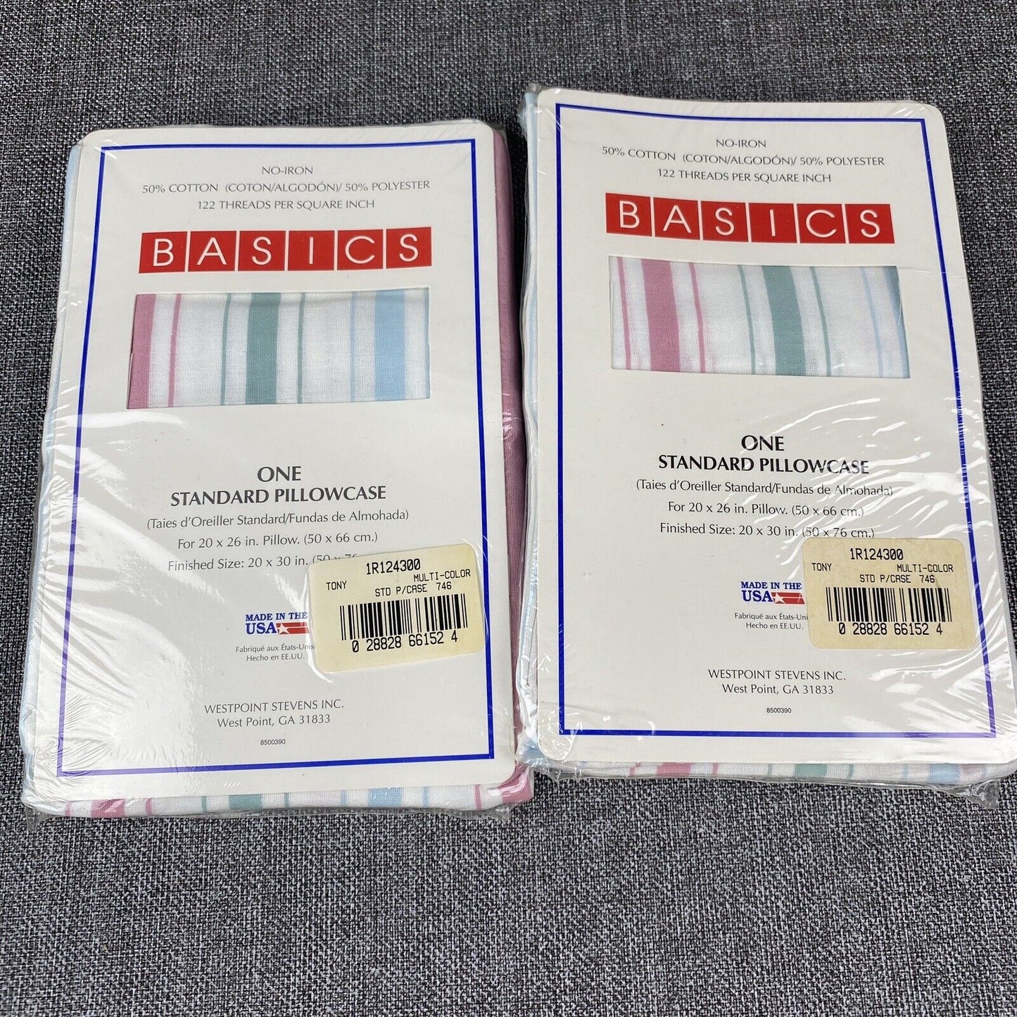 Pair of Basics Pillow Cases Standard Size Stripes for 20"x 26" pillow NOS