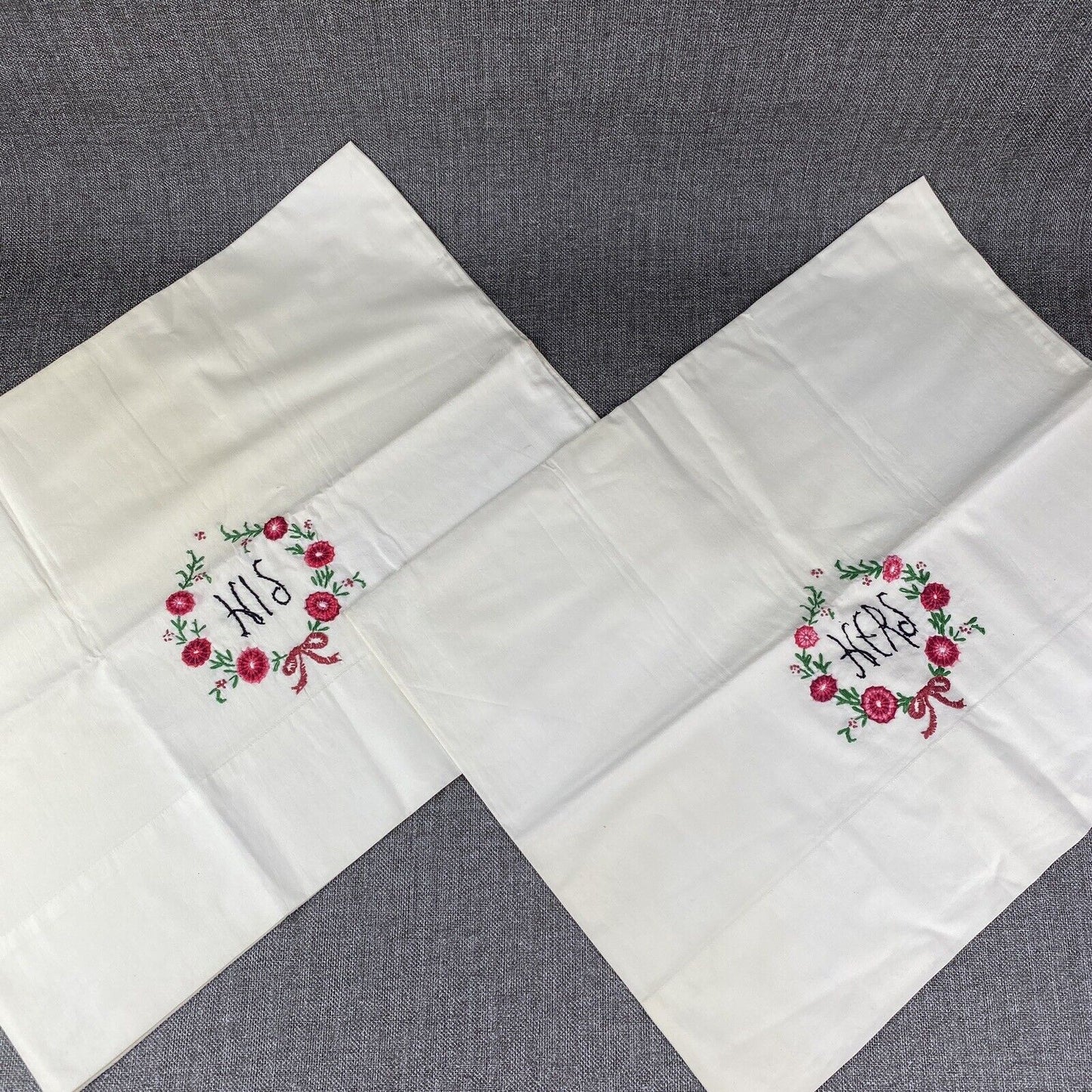 Vtg 2 Pillowcases Handmade Embroidery Flowers White Crochet "His-Hers" 20"x30"