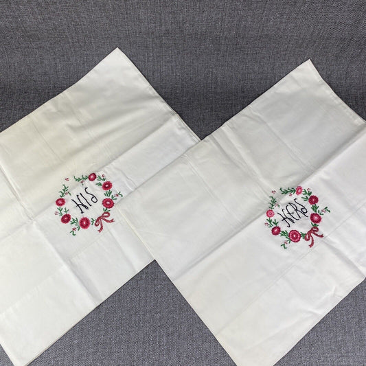 Vtg 2 Pillowcases Handmade Embroidery Flowers White Crochet "His-Hers" 20"x30"