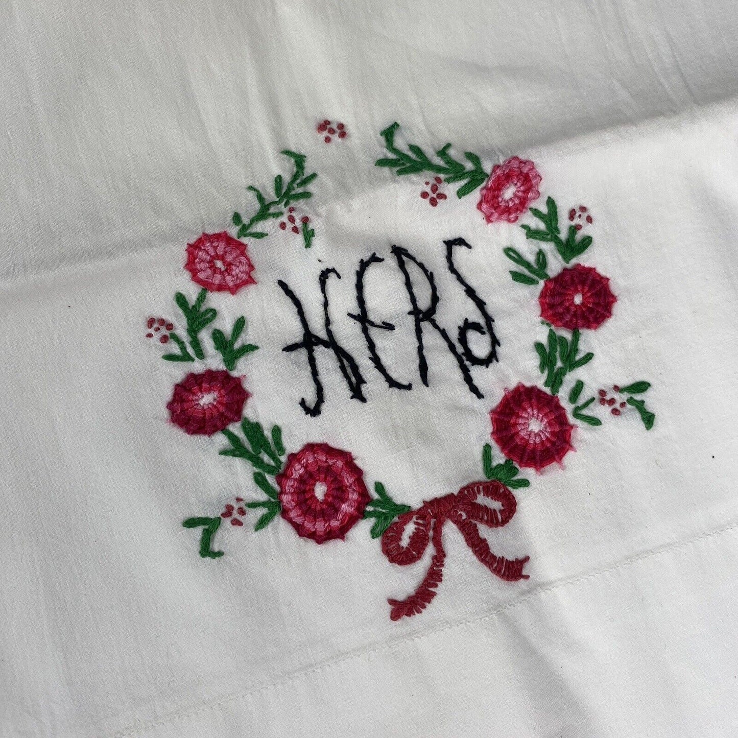 Vtg 2 Pillowcases Handmade Embroidery Flowers White Crochet "His-Hers" 20"x30"