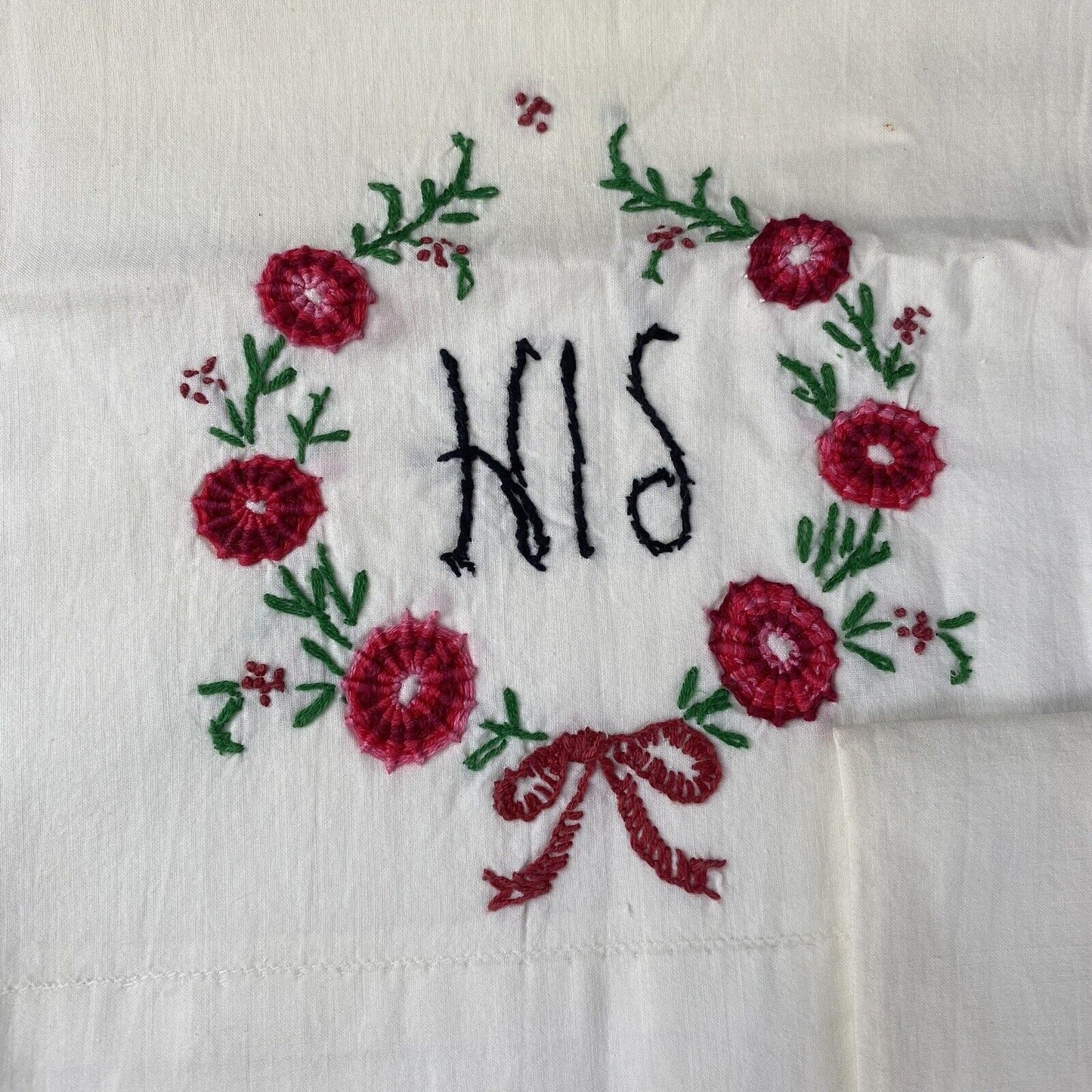 Vtg 2 Pillowcases Handmade Embroidery Flowers White Crochet "His-Hers" 20"x30"