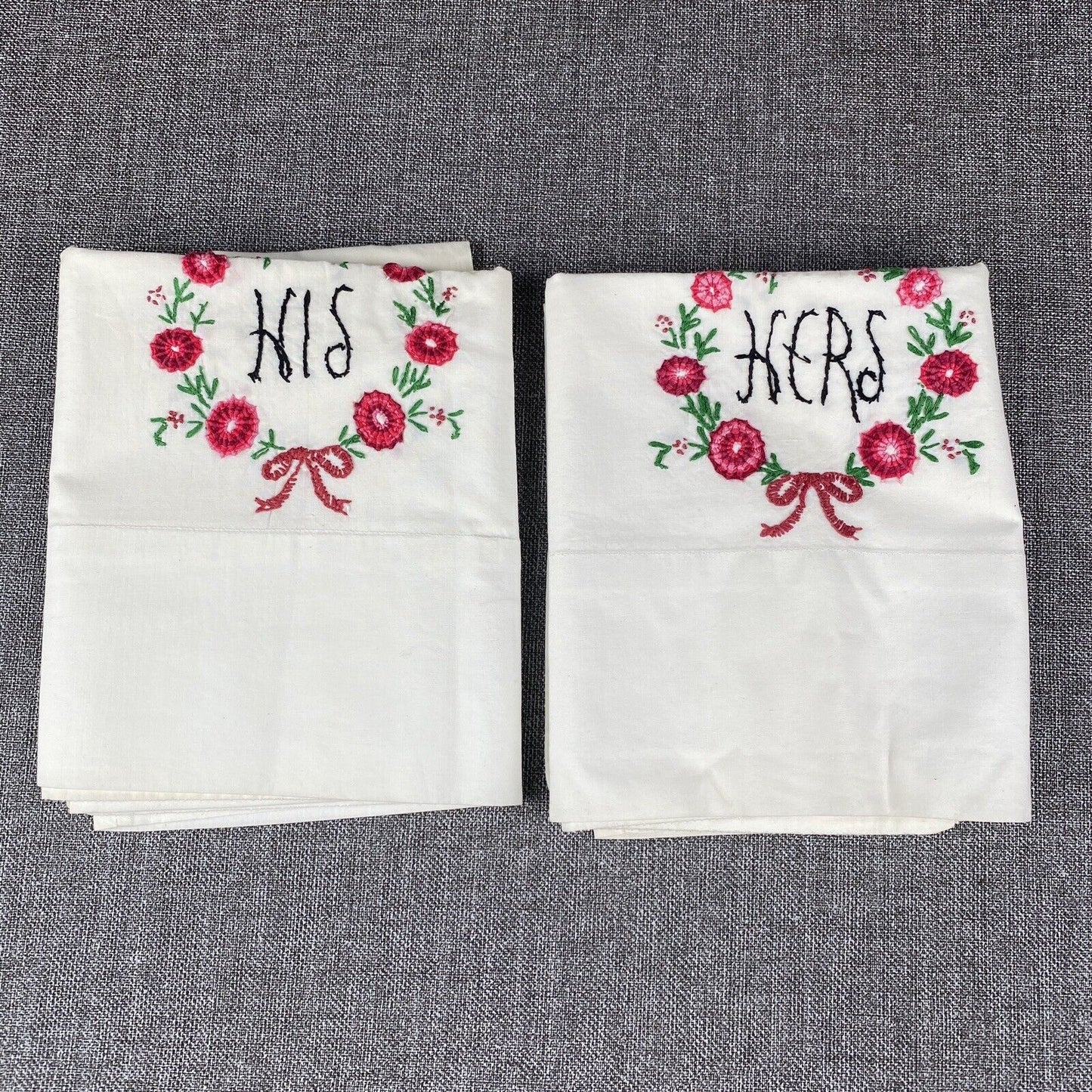 Vtg 2 Pillowcases Handmade Embroidery Flowers White Crochet "His-Hers" 20"x30"