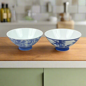 Set of 2 Japanese Footed, Blue and White Rice Bowls