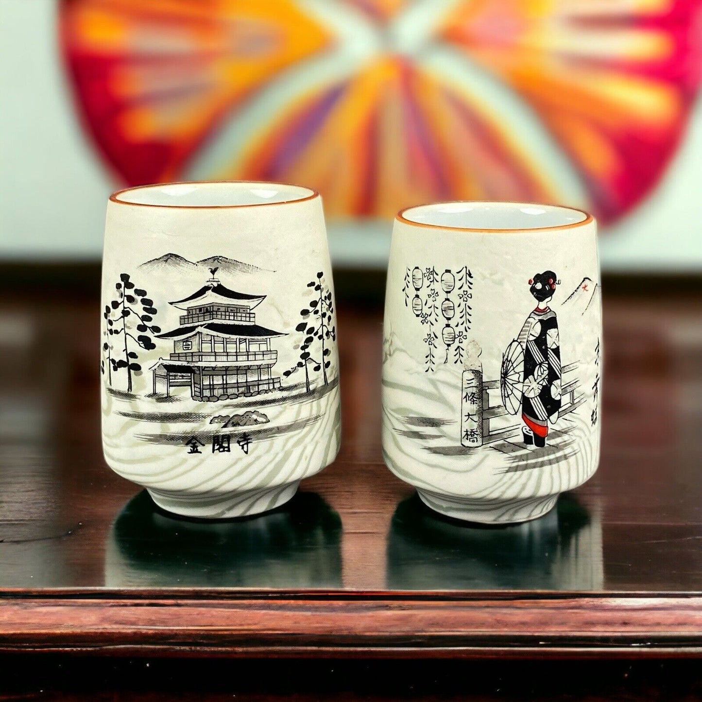 Mino Ware: Japanese Yunomi 2pc Tea Cup Set Hand Painted