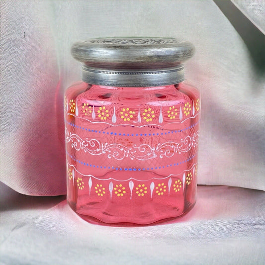 Antique Hand Painted Biscuit Jar Pink with Silver Color Lid 6.25" Tall