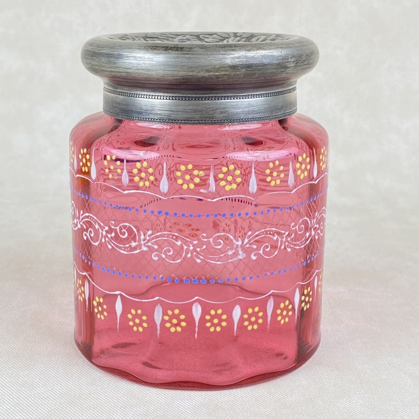 Antique Hand Painted Biscuit Jar Pink with Silver Color Lid 6.25" Tall