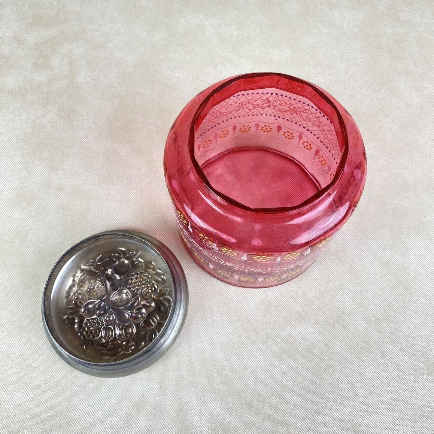 Antique Hand Painted Biscuit Jar Pink with Silver Color Lid 6.25" Tall