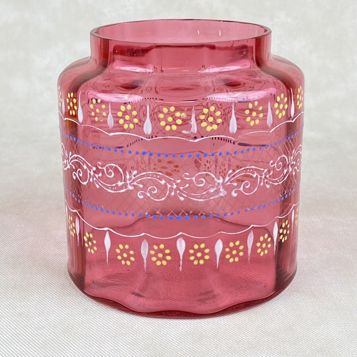 Antique Hand Painted Biscuit Jar Pink with Silver Color Lid 6.25" Tall