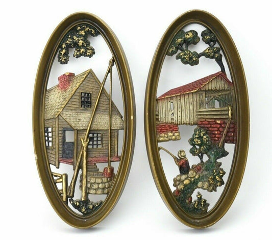 2 Oval Art Wall Plaque Countryside Watermill, Fisherman, Burwood Prod. USA