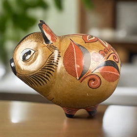 Whimsical Folk Art Mexican Art Pottery Clay Piggy Bank Floral Designs Signed