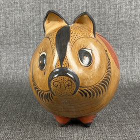 Whimsical Folk Art Mexican Art Pottery Clay Piggy Bank Floral Designs Signed