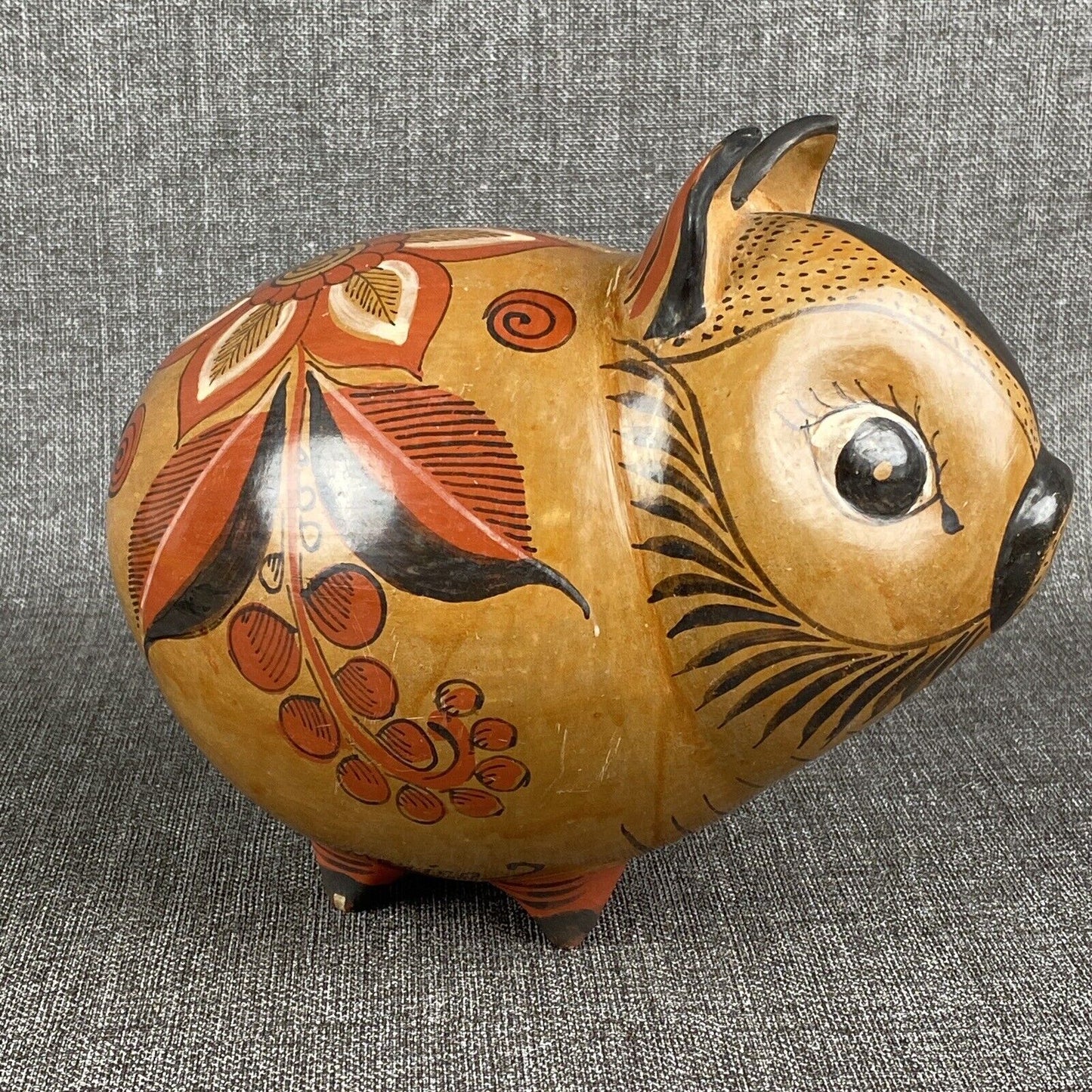 Whimsical Folk Art Mexican Art Pottery Clay Piggy Bank Floral Designs Signed