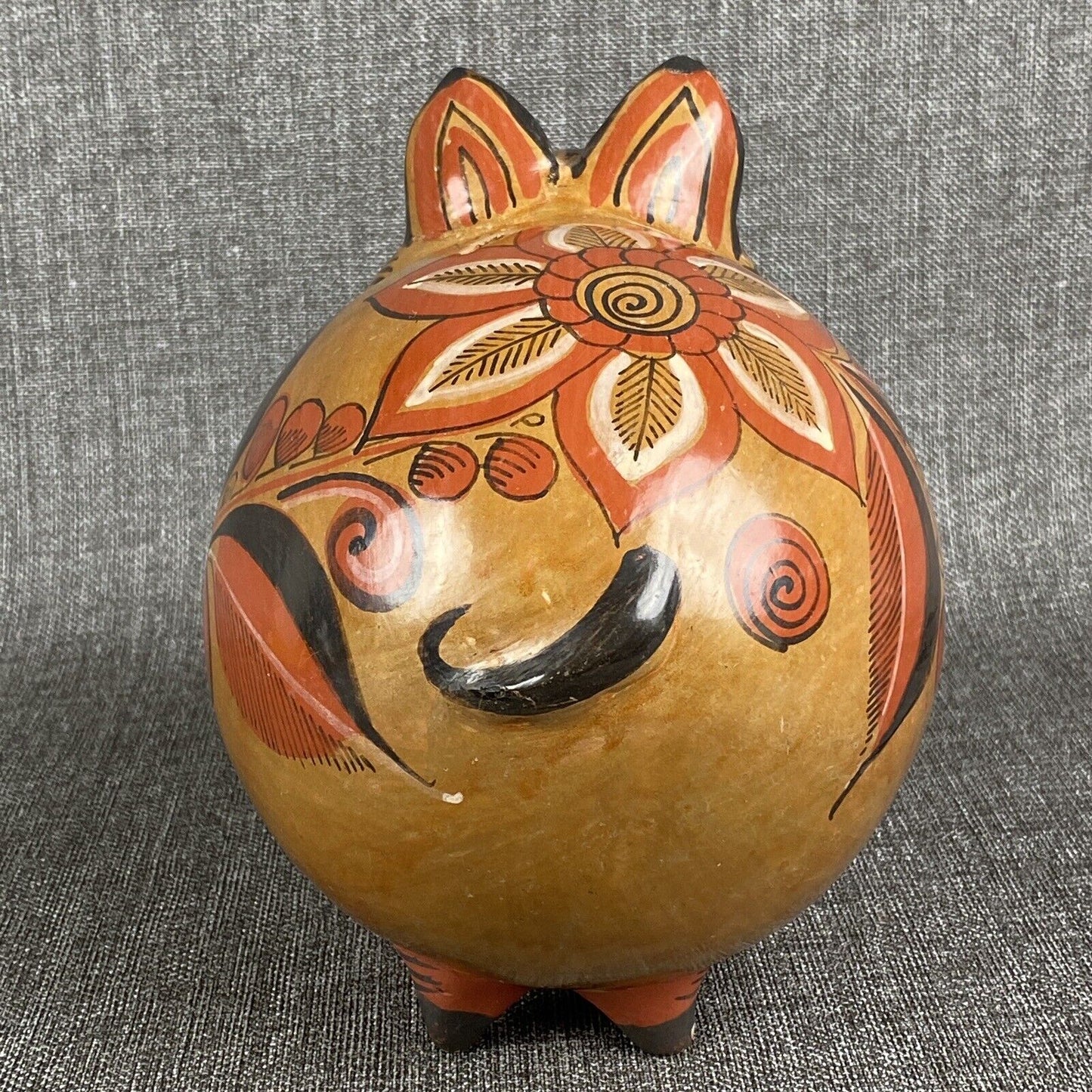 Whimsical Folk Art Mexican Art Pottery Clay Piggy Bank Floral Designs Signed