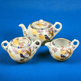 Vintage Japanese Teapot Creamer Sugar Set  Bird Themed , made in Japan