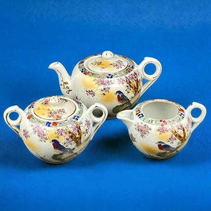 Vintage Japanese Teapot Creamer Sugar Set  Bird Themed , made in Japan