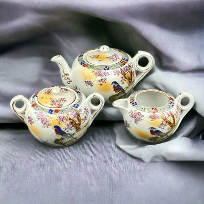 Vintage Japanese Teapot Creamer Sugar Set  Bird Themed , made in Japan