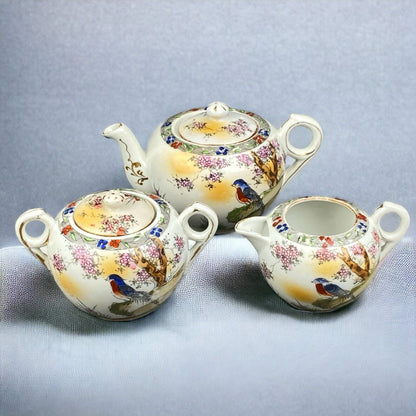 Vintage Japanese Teapot Creamer Sugar Set  Bird Themed , made in Japan