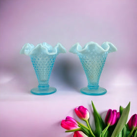 Fenton Art Glass Blue Opalescent Hobnail Crimp Triangle Vase 4" Tall