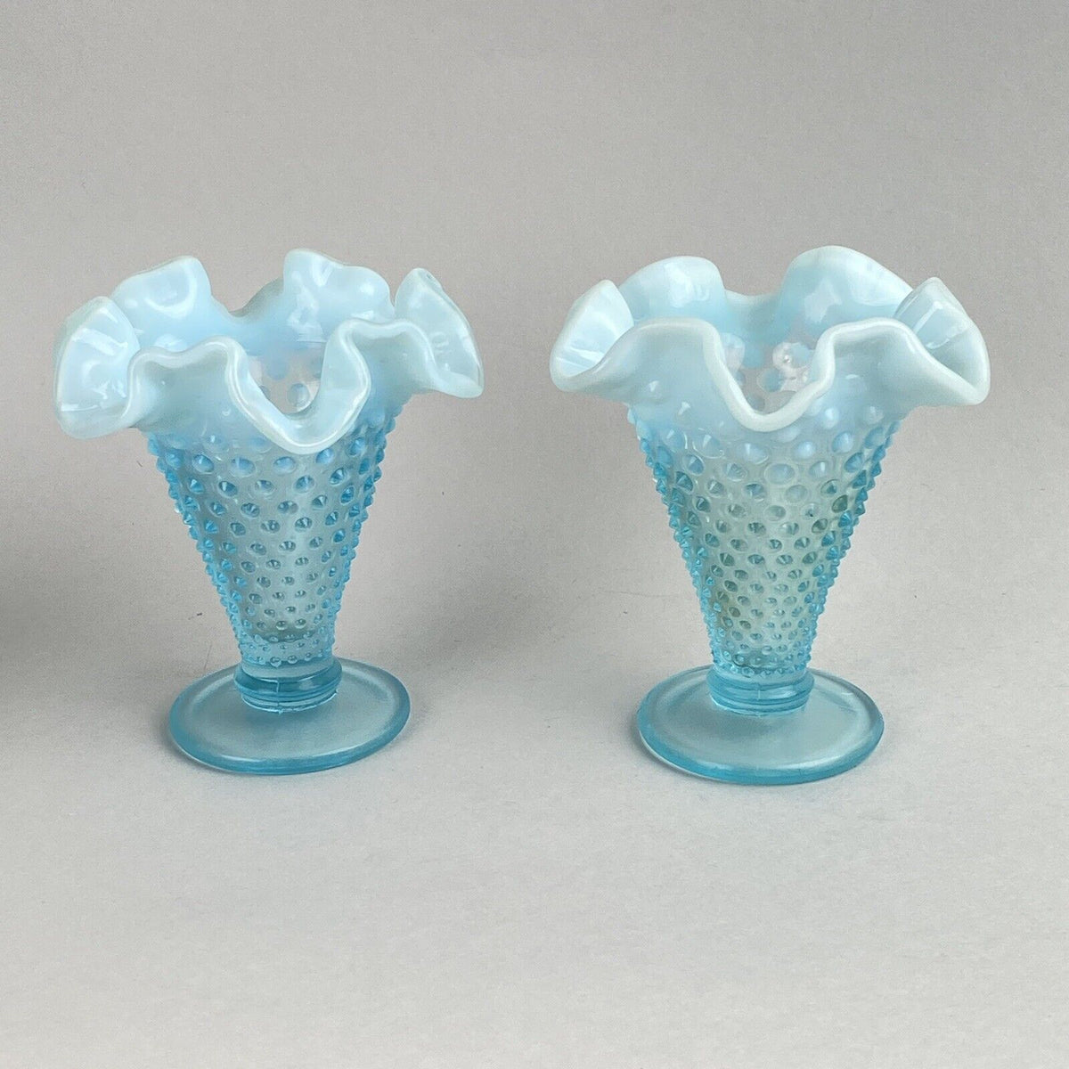 Fenton Art Glass Blue Opalescent Hobnail Crimp Triangle Vase 4" Tall