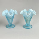 Fenton Art Glass Blue Opalescent Hobnail Crimp Triangle Vase 4" Tall