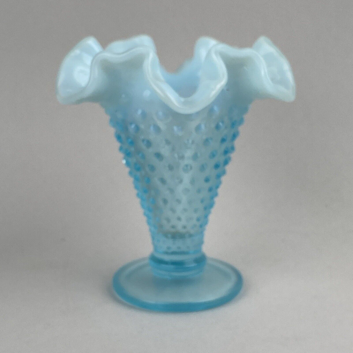 Fenton Art Glass Blue Opalescent Hobnail Crimp Triangle Vase 4" Tall