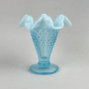 Fenton Art Glass Blue Opalescent Hobnail Crimp Triangle Vase 4" Tall