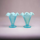 Fenton Art Glass Blue Opalescent Hobnail Crimp Triangle Vase 4" Tall