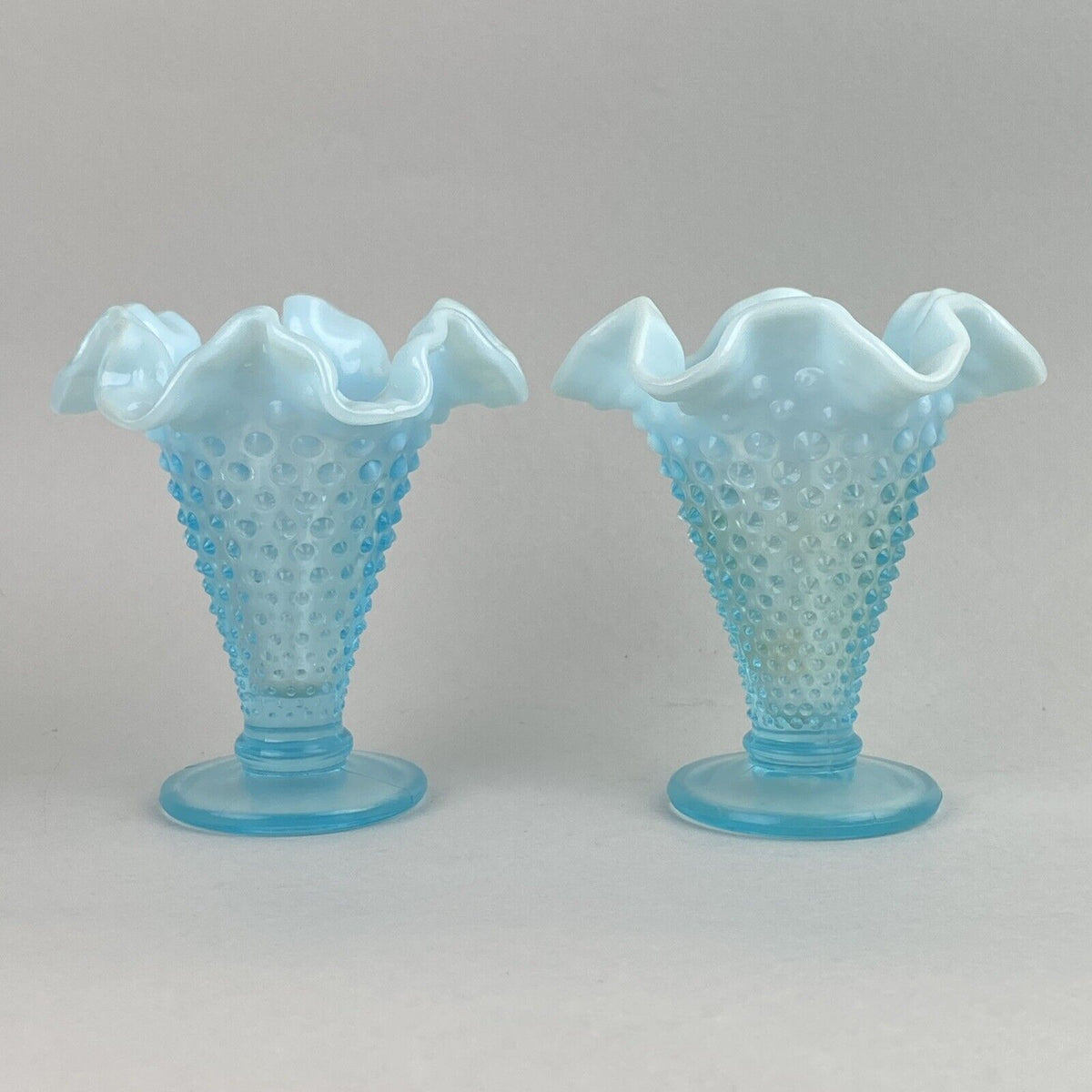 Fenton Art Glass Blue Opalescent Hobnail Crimp Triangle Vase 4" Tall