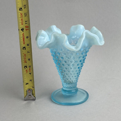 Fenton Art Glass Blue Opalescent Hobnail Crimp Triangle Vase 4" Tall