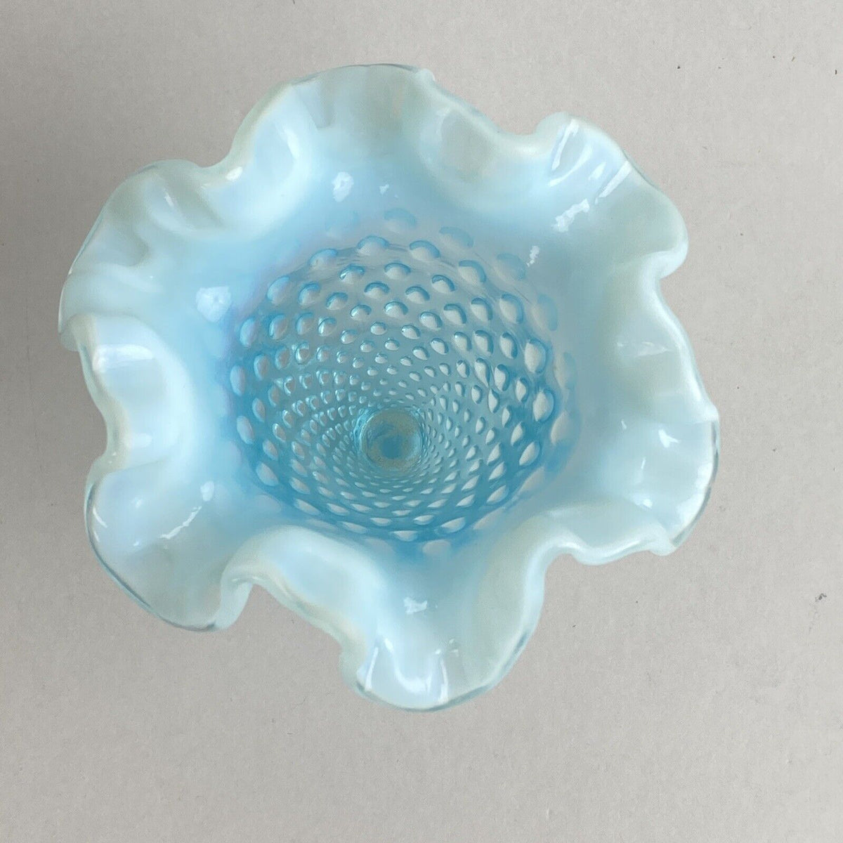 Fenton Art Glass Blue Opalescent Hobnail Crimp Triangle Vase 4" Tall