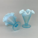 Fenton Art Glass Blue Opalescent Hobnail Crimp Triangle Vase 4" Tall