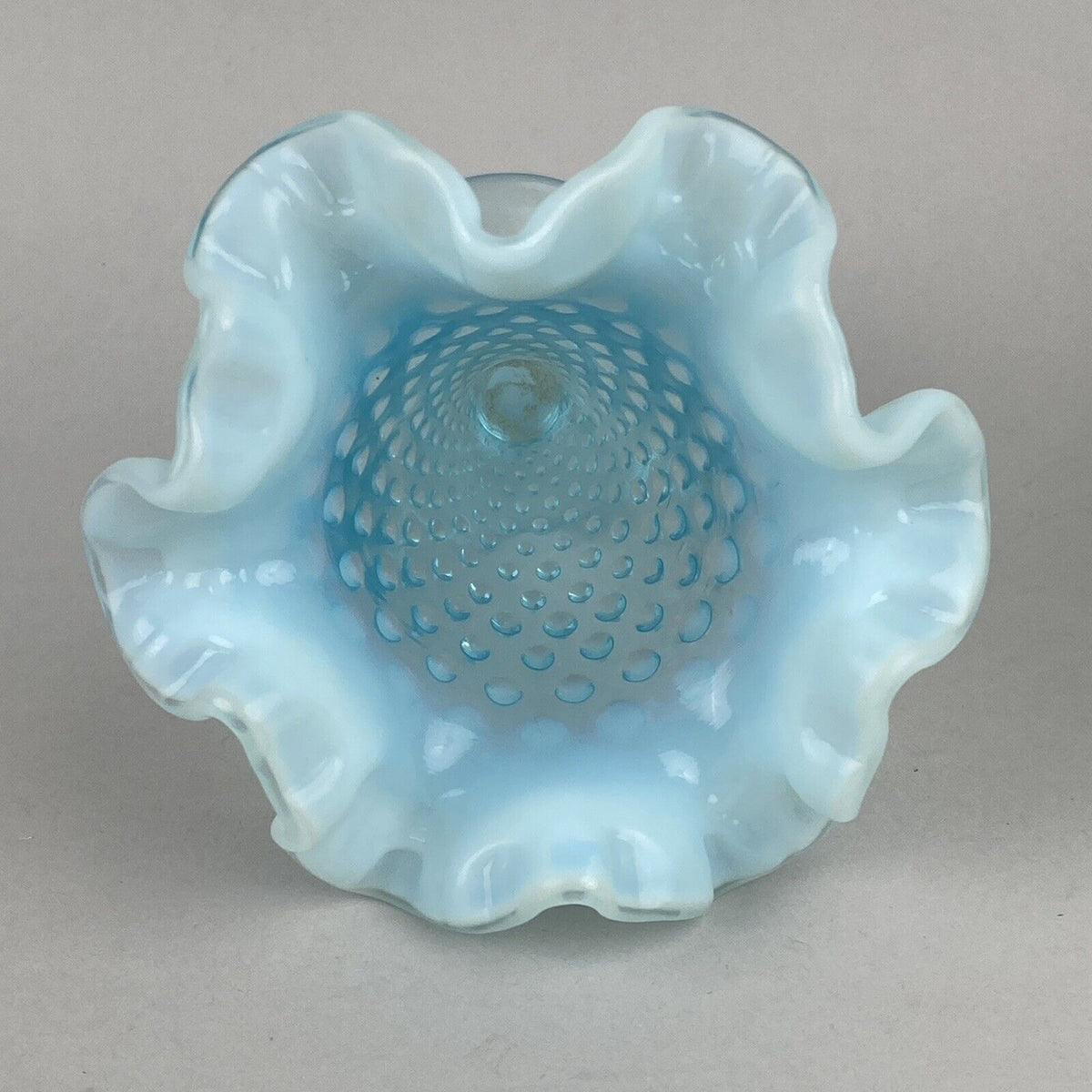 Fenton Art Glass Blue Opalescent Hobnail Crimp Triangle Vase 4" Tall