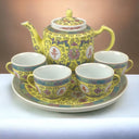 Japanese Sake` or Tea Set Mun Shou Yellow Picture with 4 Cups