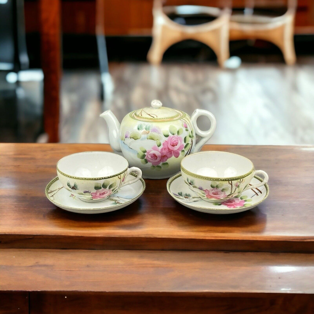 Nippon JE-OH Antique Teapot Cups Hand Painted Roses Japan