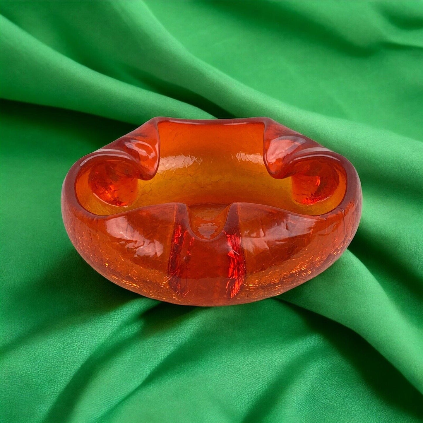 Vintage VIKING GLASS Orange Amberina Crackle Cigar Bowl Ashtray MCM